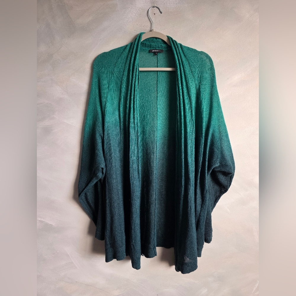Lafayette 148 Green Ombre Open Front Pleated Wool Blend Cardigan Sz XL